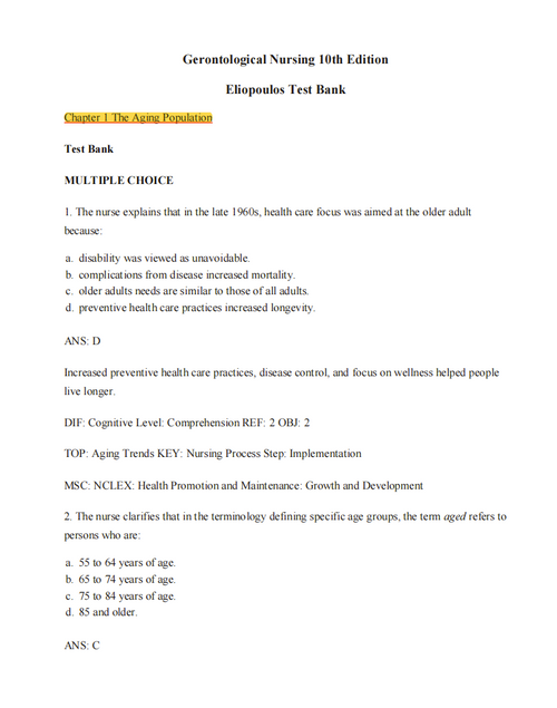 Practice Test Bank Gerontological Nursing 10th Edition by Charlotte Eliopoulos