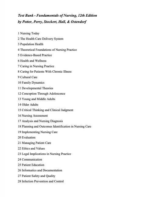 Practice Test Bank Fundamentals of Nursing 12th Edition by Potter & Perry