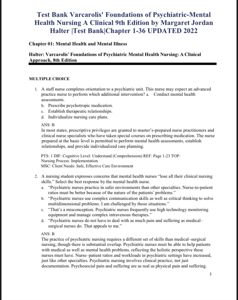 Test Bank Varcarolis’ Foundations of Psychiatric-Mental Health Nursing 9th Edition by Halter