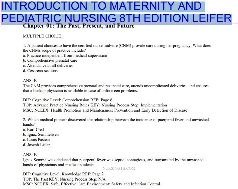 Practice Test Bank Introduction to Maternity and Pediatric Nursing 8th Edition by Leifer